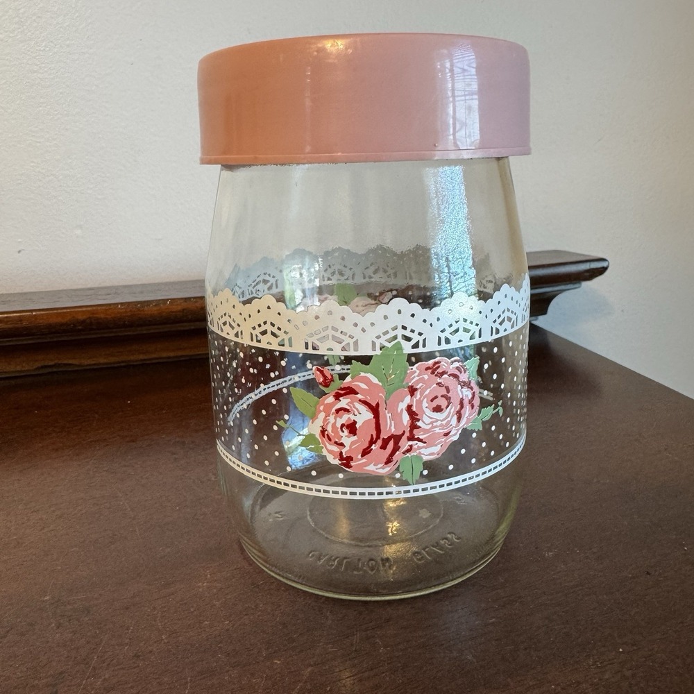 Carlton Glass USA 6.5" Screw Top Canister Jar Pink Rose Lace Cottage Core